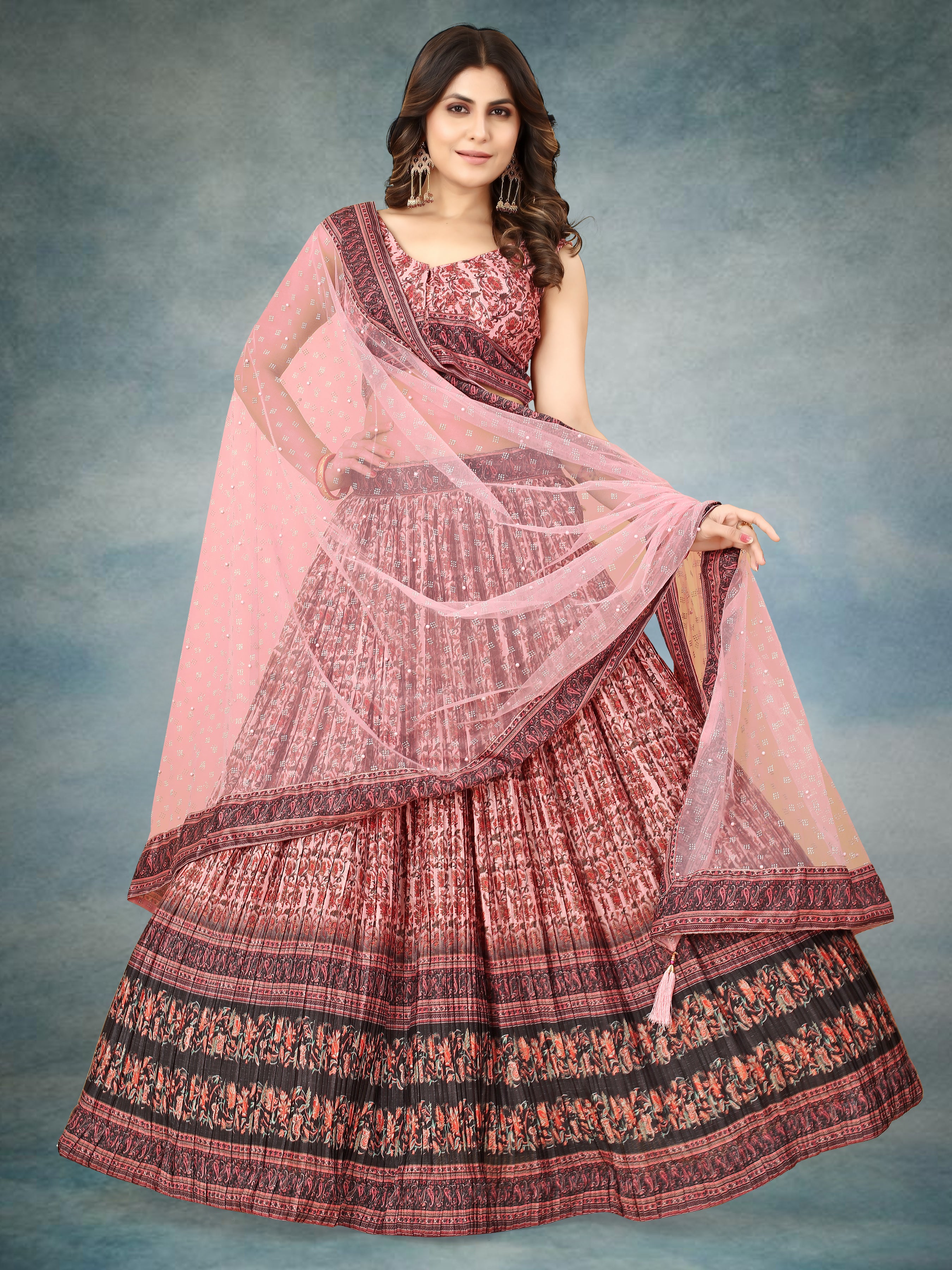 Multicolor Ajrakh Lehenga Choli with Heavy Digital Print & Crush Work ClothsVilla Main image