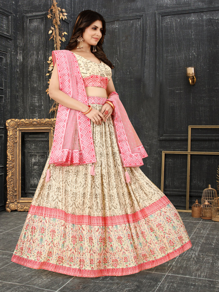 Multicolor Ajrakh Lehenga Choli with Digital Print & Crush Work ClothsVilla