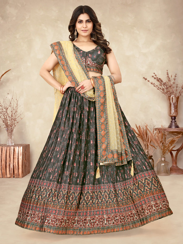 Multicolor Ajrakh Lehenga Choli with Heavy Digital Print & Crush Work ClothsVilla