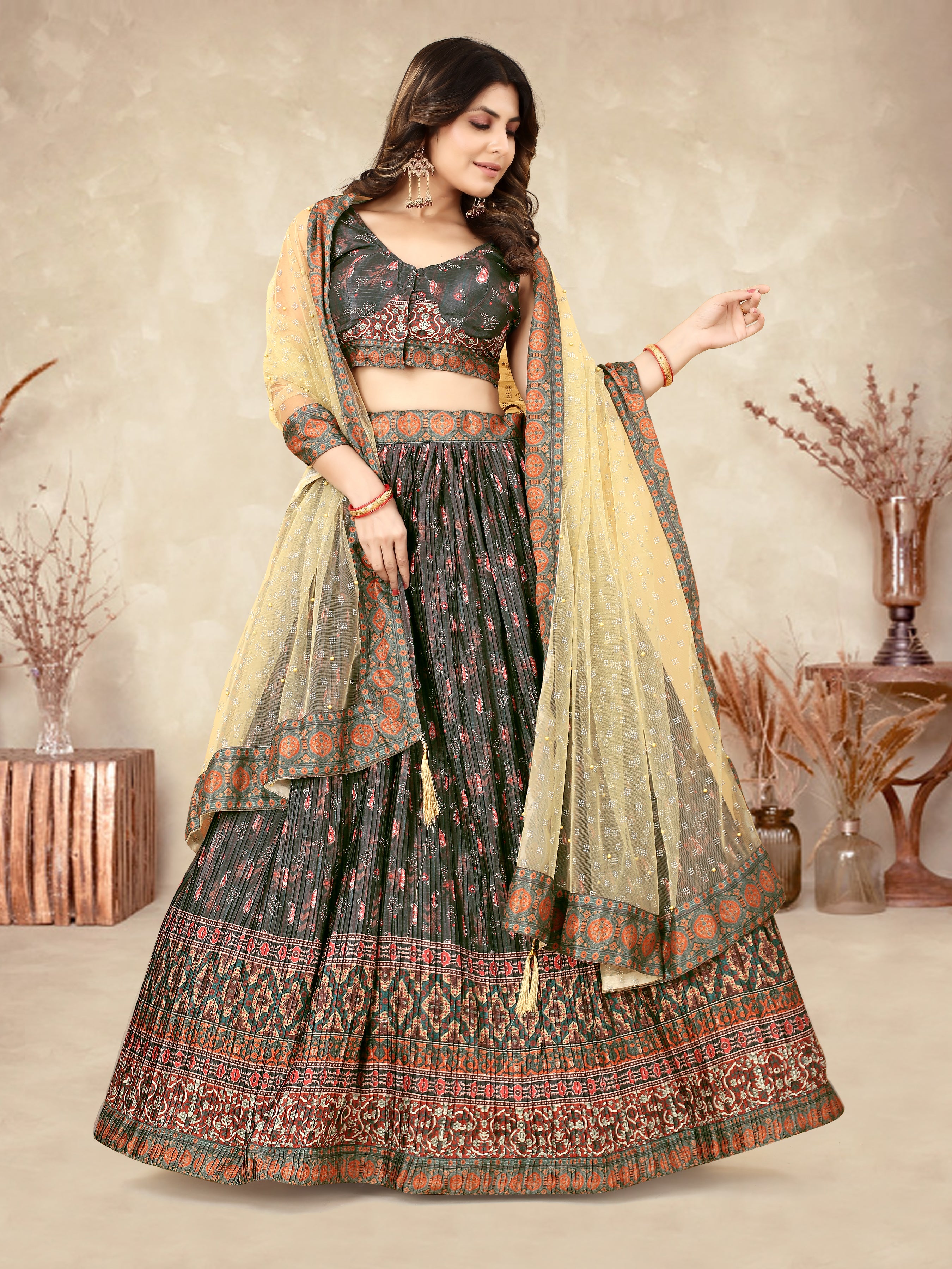 Multicolor Ajrakh Lehenga Choli with Heavy Digital Print & Crush Work ClothsVilla Main image