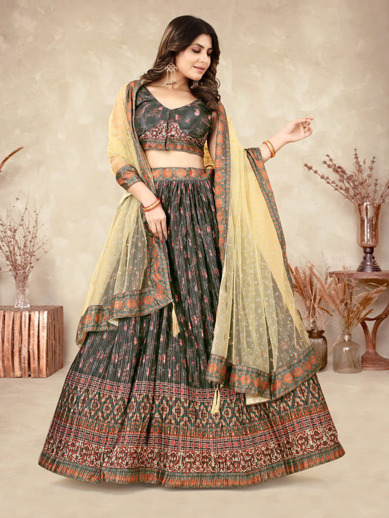 Multicolor Ajrakh Lehenga Choli with Heavy Digital Print & Crush Work ClothsVilla