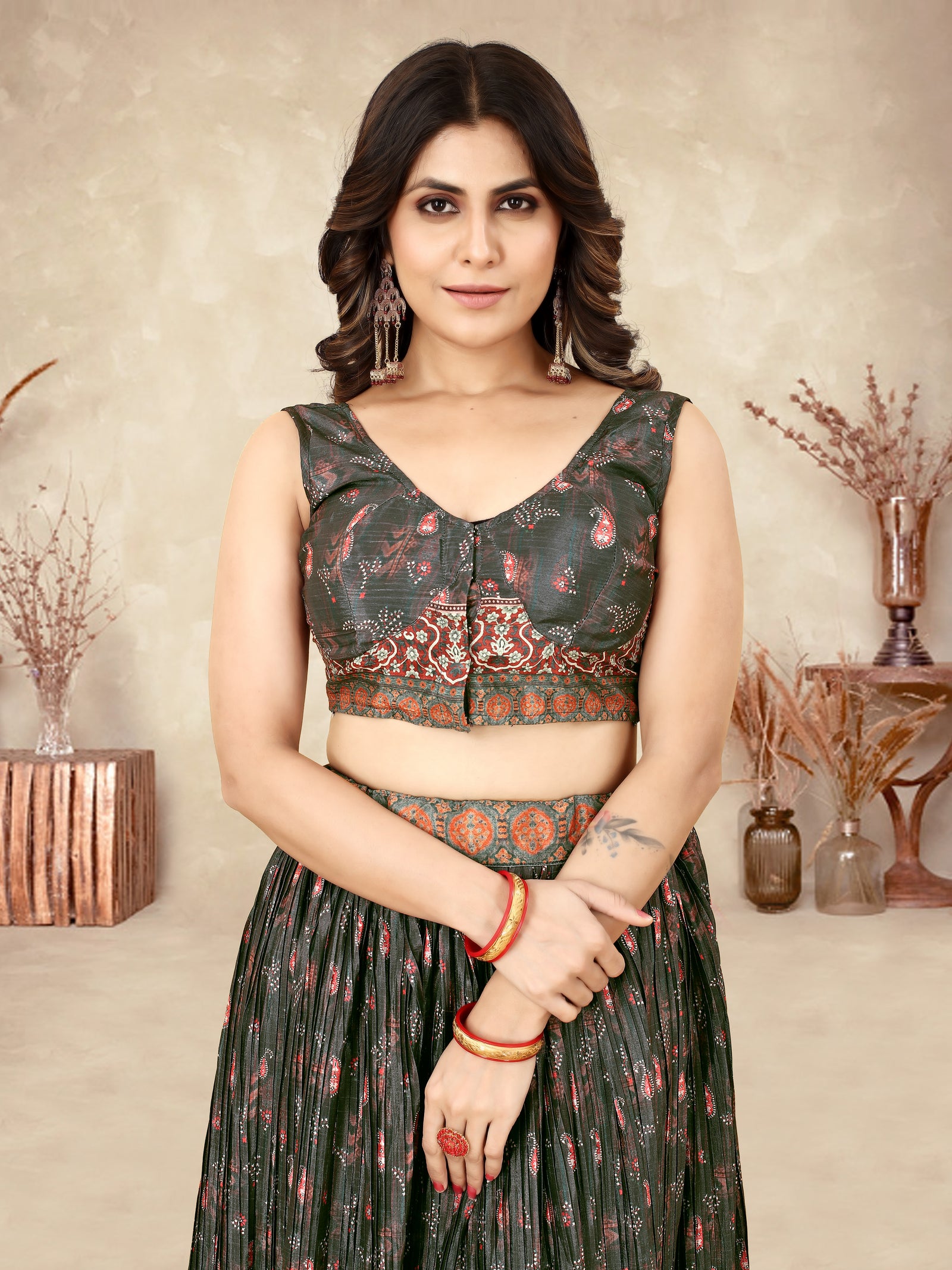 Multicolor Ajrakh Lehenga Choli with Heavy Digital Print & Crush Work ClothsVilla