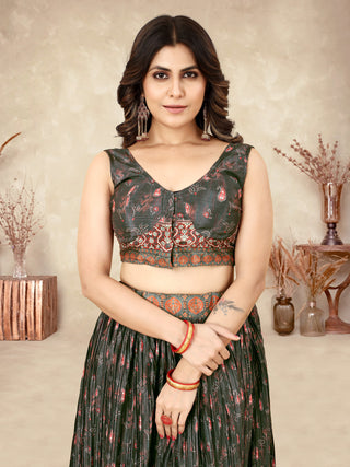 Multicolor Ajrakh Lehenga Choli with Heavy Digital Print & Crush Work ClothsVilla