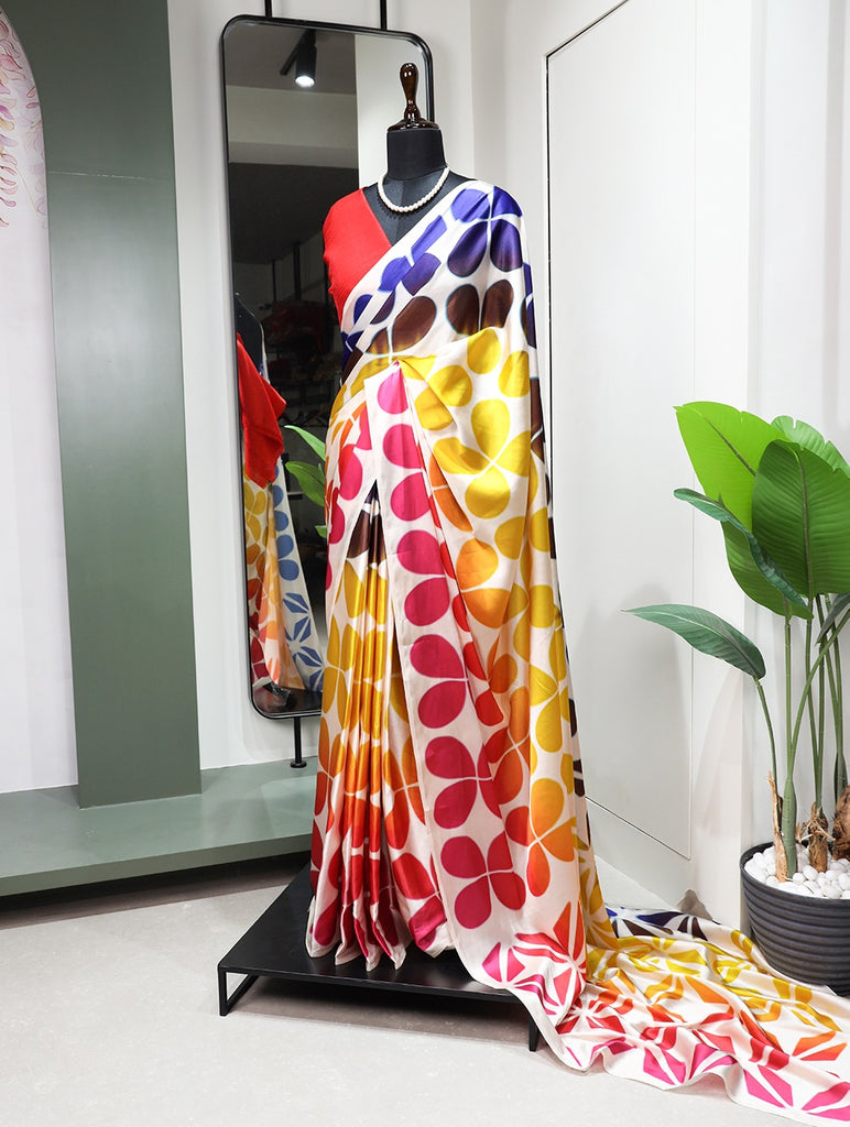 Multicolor Bewitching Satin Printed Saree for the Style-Conscious Woman ClothsVilla