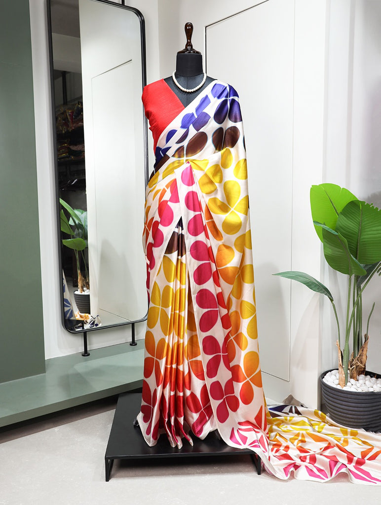 Multicolor Bewitching Satin Printed Saree for the Style-Conscious Woman ClothsVilla
