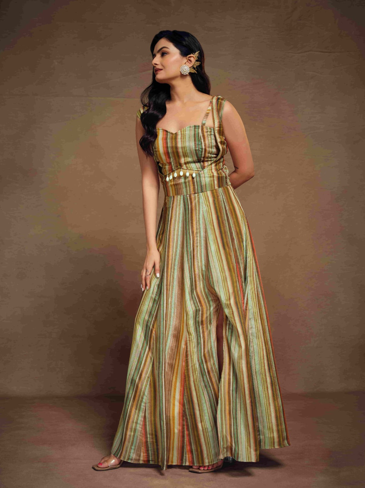 Multicolor Chinon Printed Co-Ord Set with Artificial Tassels Blouse and Dungarees ClothsVilla Main image