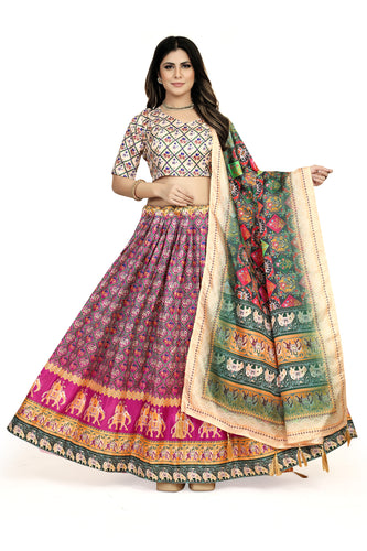 Multicolor Dola Silk Lehenga Choli Set with Digital Print ClothsVilla