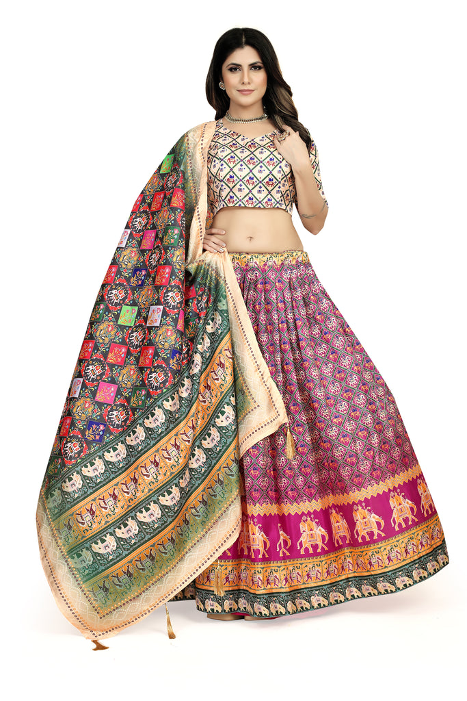 Multicolor Dola Silk Lehenga Choli Set with Digital Print ClothsVilla