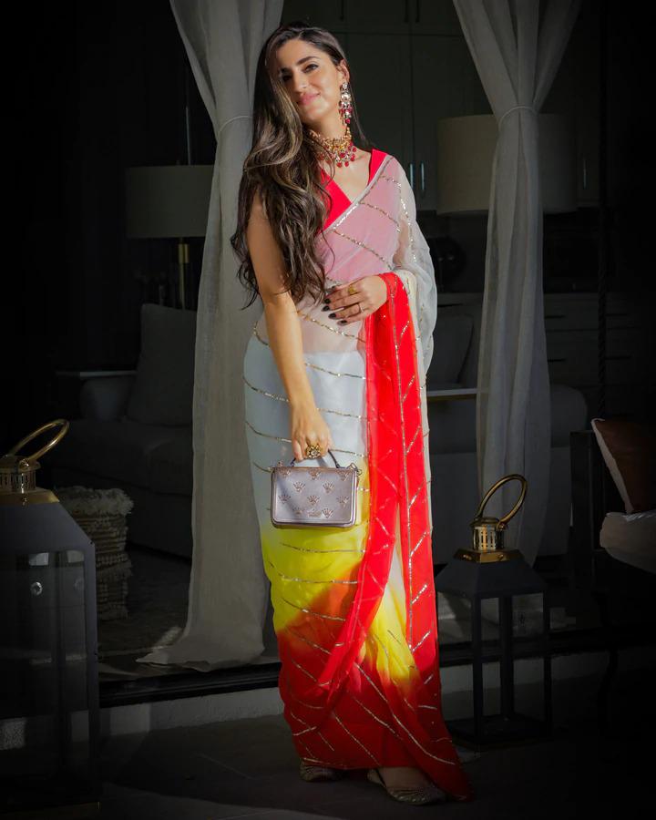 Multicolor Georgette Silk Saree with Dazzling Sequence Work and Red Benglori Satin Blouse ClothsVilla