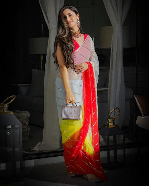 Multicolor Georgette Silk Saree with Dazzling Sequence Work and Red Benglori Satin Blouse ClothsVilla Main image