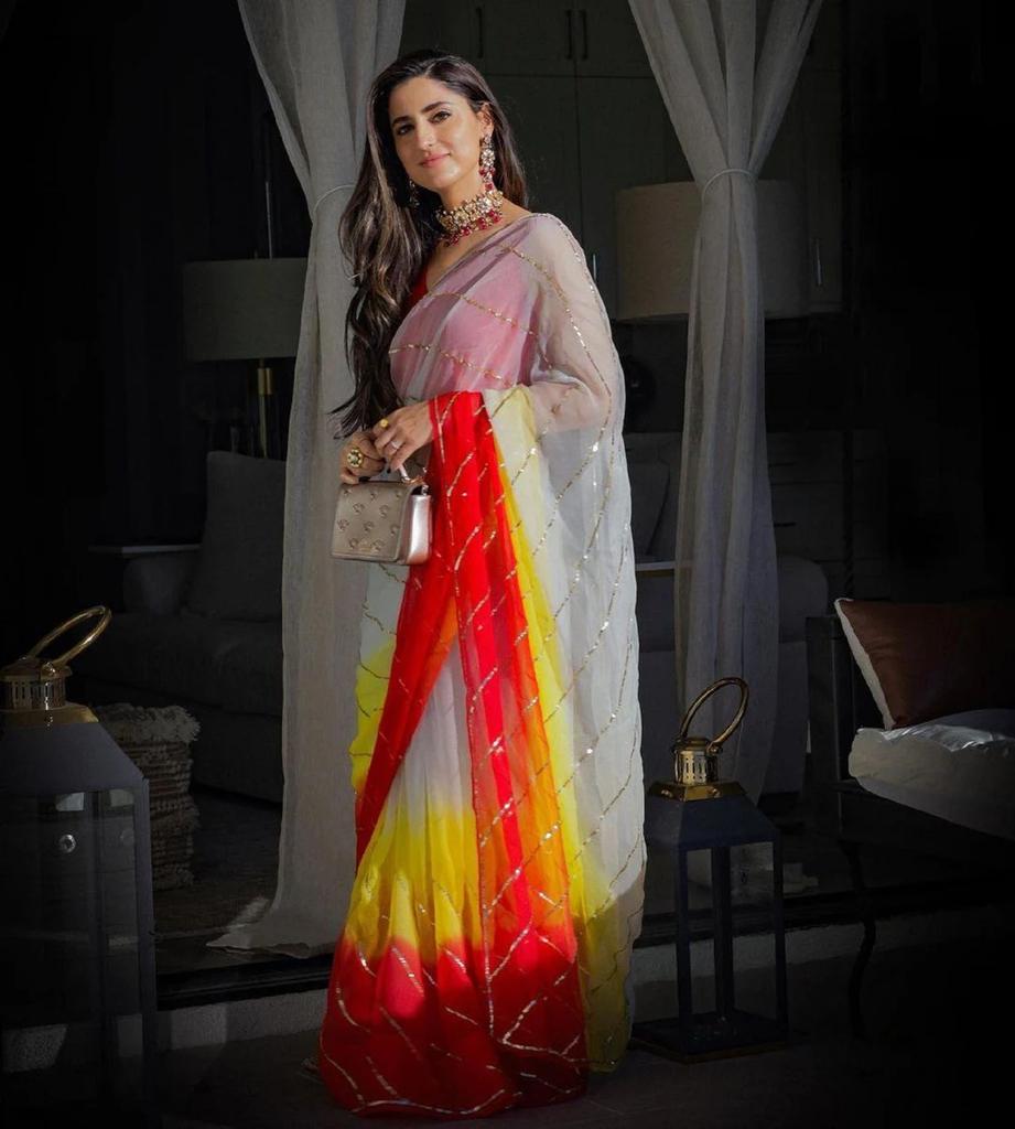 Multicolor Georgette Silk Saree with Dazzling Sequence Work and Red Benglori Satin Blouse ClothsVilla