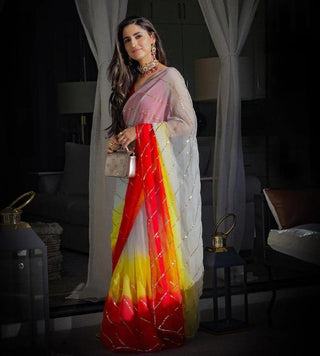 Multicolor Georgette Silk Saree with Dazzling Sequence Work and Red Benglori Satin Blouse ClothsVilla