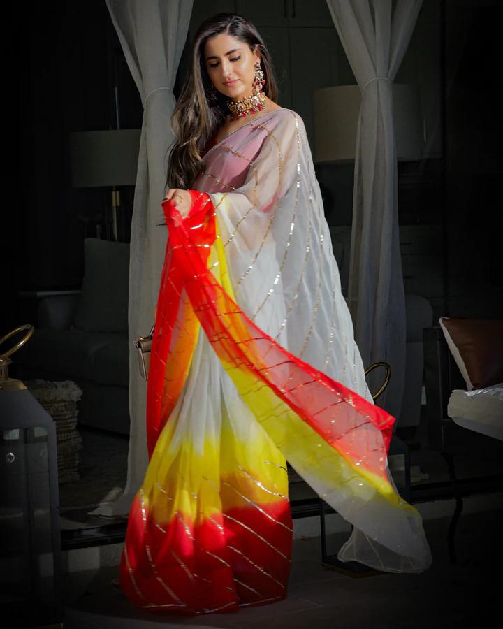 Multicolor Georgette Silk Saree with Dazzling Sequence Work and Red Benglori Satin Blouse ClothsVilla