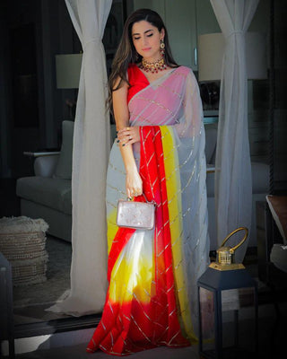 Multicolor Georgette Silk Saree with Dazzling Sequence Work and Red Benglori Satin Blouse ClothsVilla