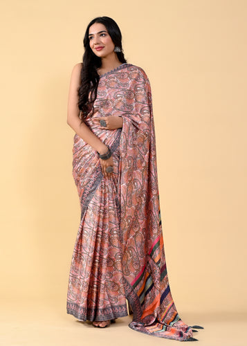Multicolor Kalamkari Digital Printed Heavy Satin Silk Saree with Silk Blouse ClothsVilla