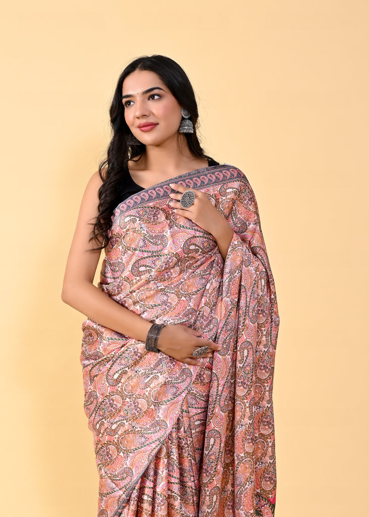 Multicolor Kalamkari Digital Printed Heavy Satin Silk Saree with Silk Blouse ClothsVilla