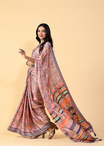 Multicolor Kalamkari Digital Printed Heavy Satin Silk Saree with Silk Blouse ClothsVilla