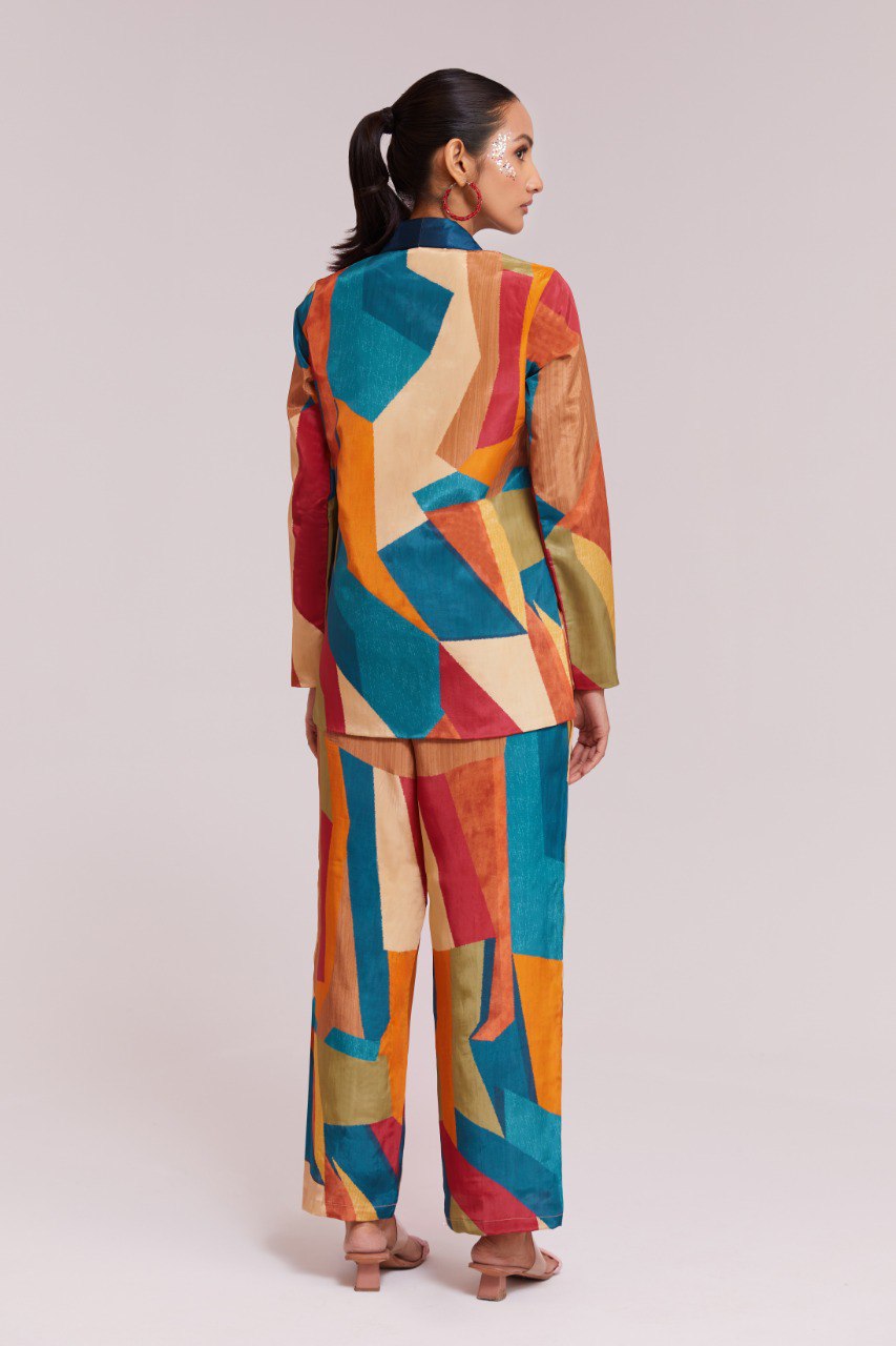 Multicolor Printed Crepe Blazer & Pant Set Ready To Wear Co-Ord ClothsVilla
