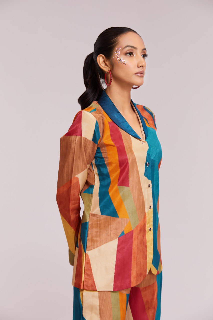 Multicolor Printed Crepe Blazer & Pant Set Ready To Wear Co-Ord ClothsVilla