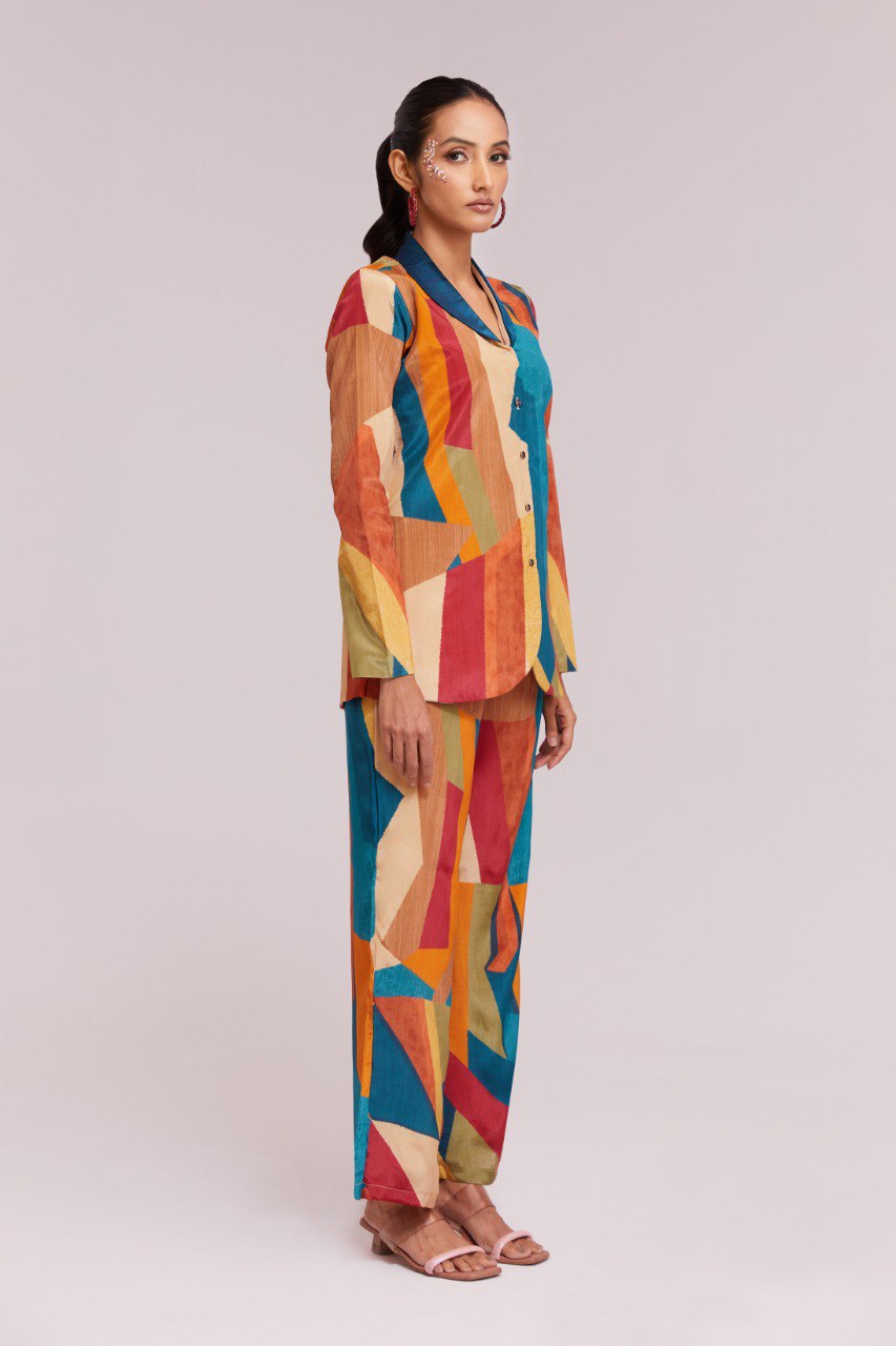 Multicolor Printed Crepe Blazer & Pant Set Ready To Wear Co-Ord ClothsVilla