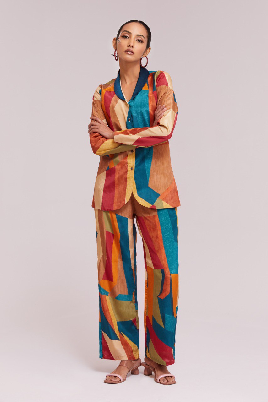 Multicolor Printed Crepe Blazer & Pant Set Ready To Wear Co-Ord ClothsVilla Main image