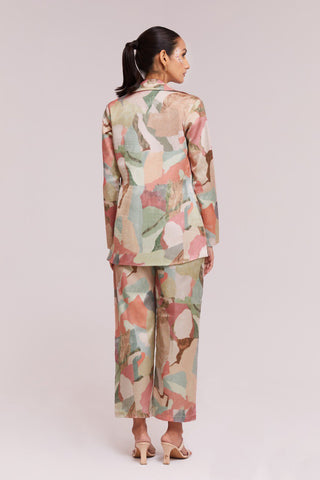 Multicolor Printed Modal Satin Co-Ord Set  Blazer, Blouse & Pant Ready To Wear ClothsVilla