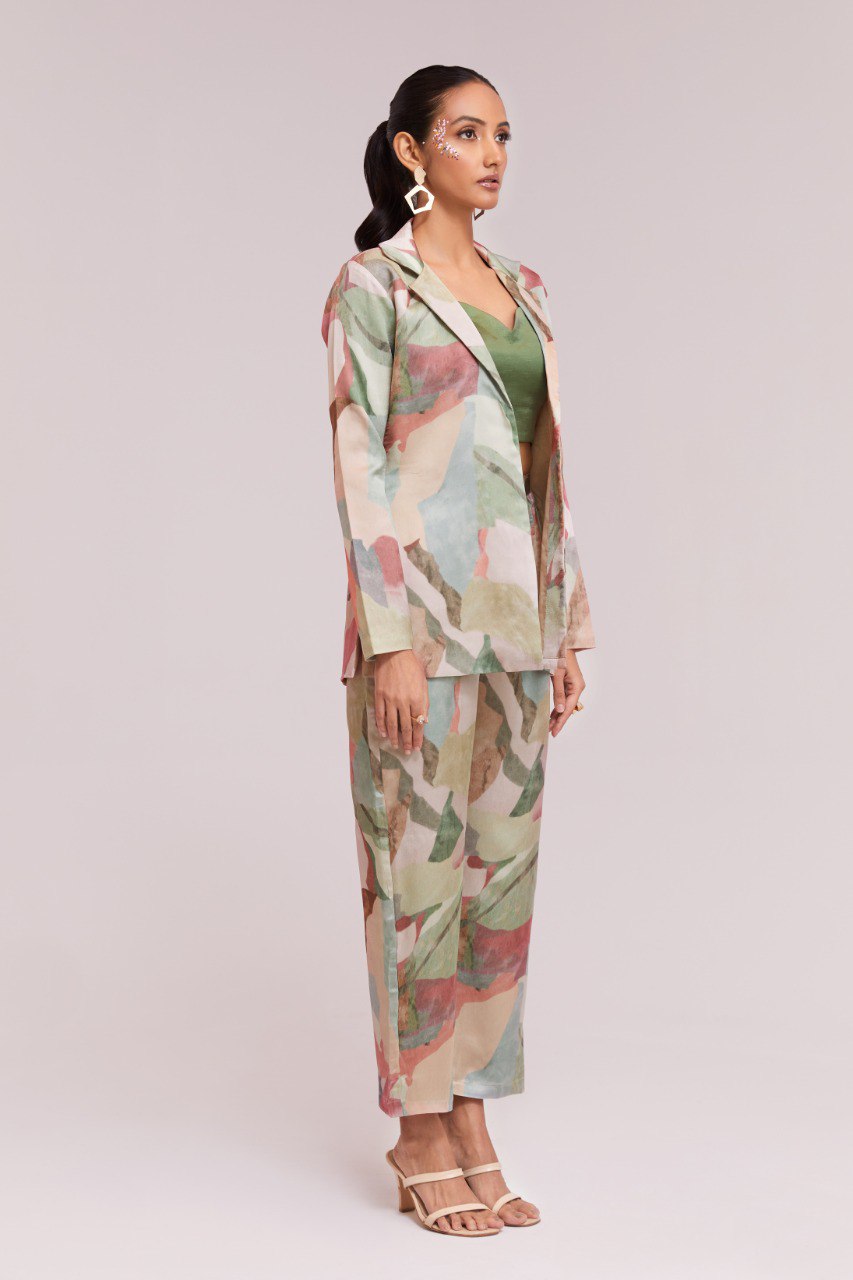 Multicolor Printed Modal Satin Co-Ord Set  Blazer, Blouse & Pant Ready To Wear ClothsVilla