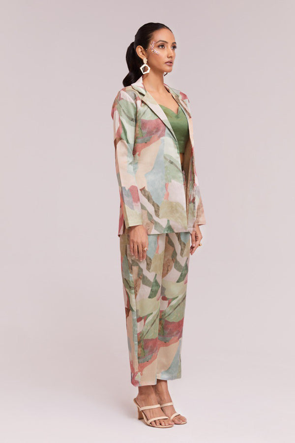 Multicolor Printed Modal Satin Co-Ord Set  Blazer, Blouse & Pant Ready To Wear ClothsVilla