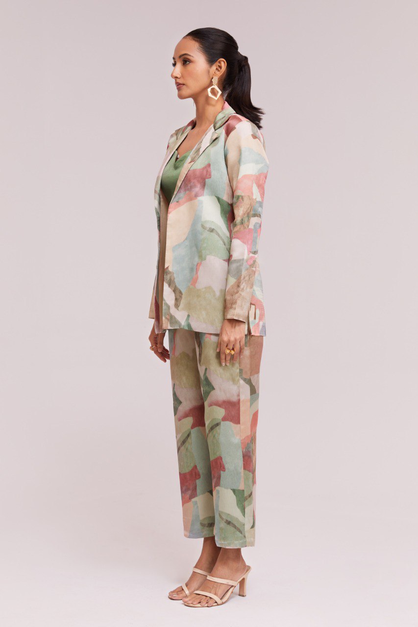 Multicolor Printed Modal Satin Co-Ord Set  Blazer, Blouse & Pant Ready To Wear ClothsVilla