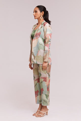 Multicolor Printed Modal Satin Co-Ord Set  Blazer, Blouse & Pant Ready To Wear ClothsVilla