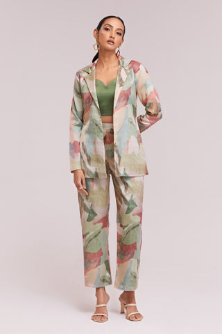Multicolor Printed Modal Satin Co-Ord Set  Blazer, Blouse & Pant Ready To Wear ClothsVilla