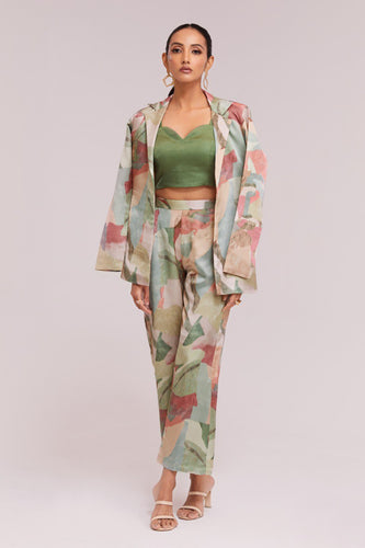 Multicolor Printed Modal Satin Co-Ord Set  Blazer, Blouse & Pant Ready To Wear ClothsVilla