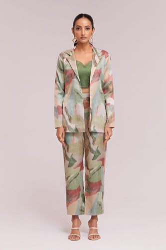 Multicolor Printed Modal Satin Co-Ord Set  Blazer, Blouse & Pant Ready To Wear ClothsVilla
