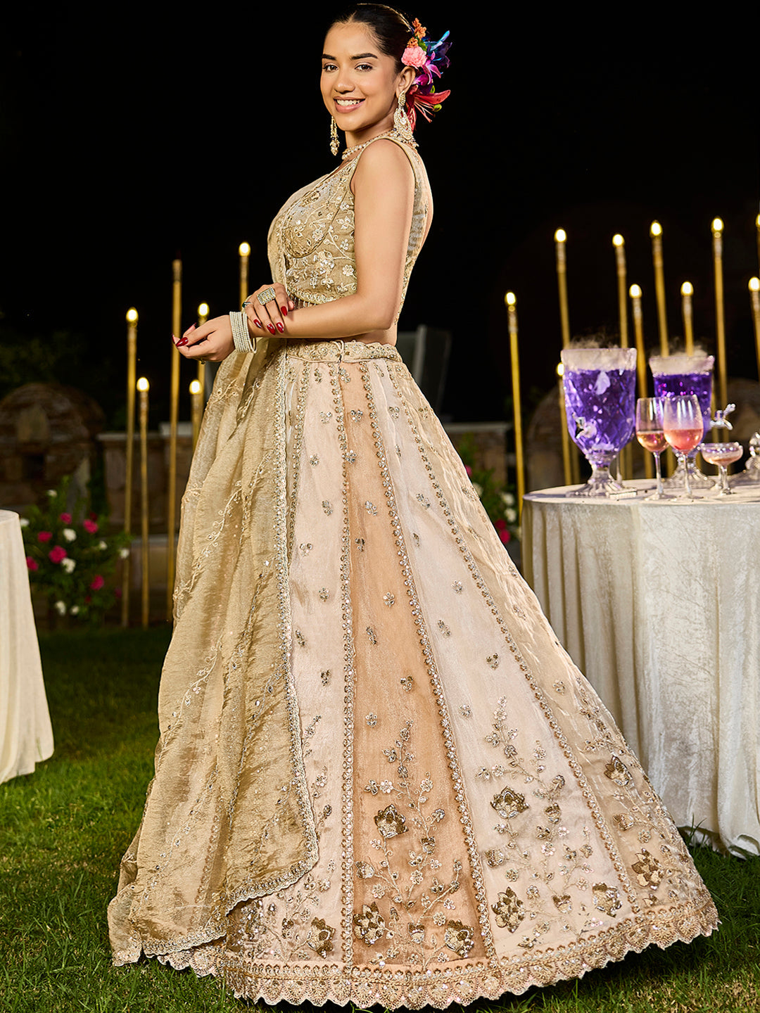 Multicolor Satin Silk Beads & Sequins Embroidered Lehenga Choli with Matching Dupatta – 3.5 Meter Flair, Fully Stitched ClothsVilla