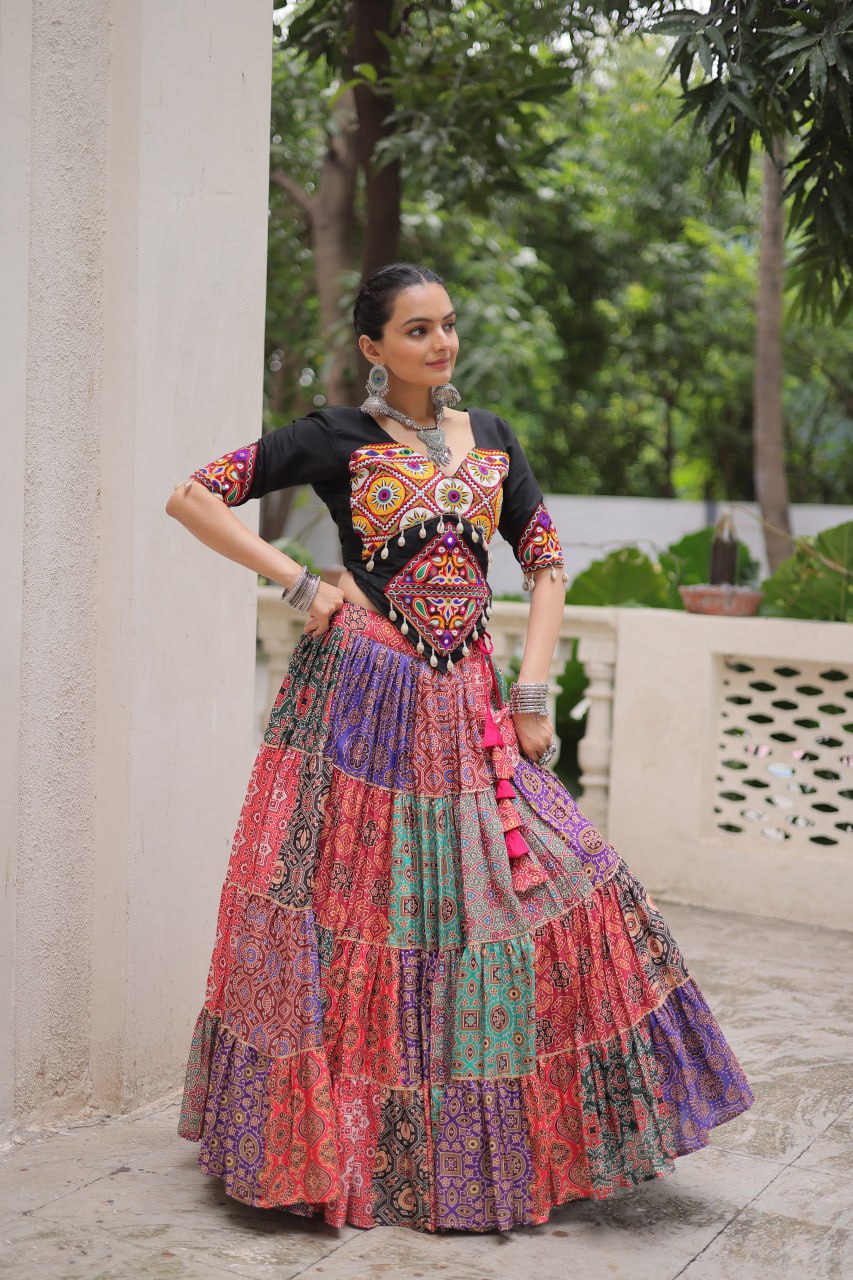 Multicolour Navratri Special Lehenga Choli Set with Gotta & Gamthi Work ClothsVilla