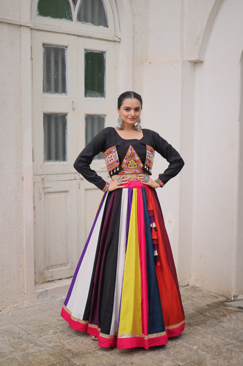 Multicolour Roman Fabric Lehenga Set with Gamthi Embroidery, Mirror & Lace Work – Koti Style Blouse ClothsVilla