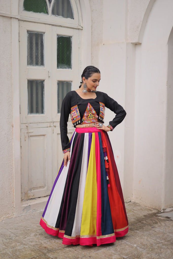 Multicolour Roman Fabric Lehenga Set with Gamthi Embroidery, Mirror & Lace Work – Koti Style Blouse ClothsVilla