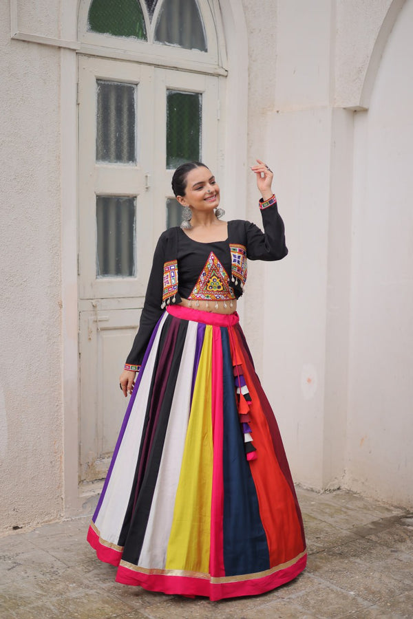 Multicolour Roman Fabric Lehenga Set with Gamthi Embroidery, Mirror & Lace Work – Koti Style Blouse ClothsVilla