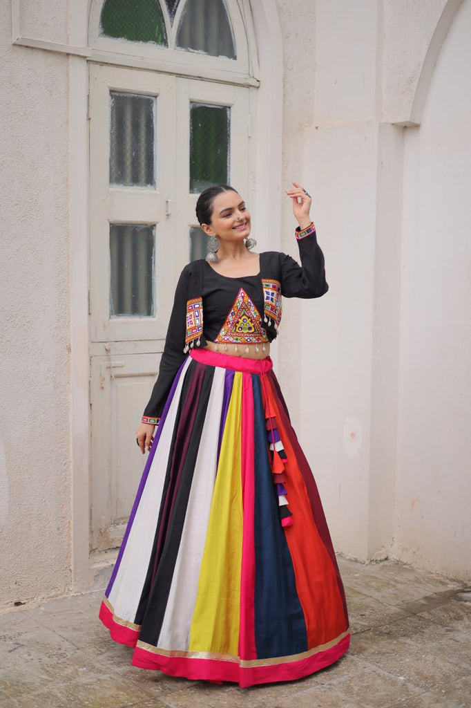 Multicolour Roman Fabric Lehenga Set with Gamthi Embroidery, Mirror & Lace Work – Koti Style Blouse ClothsVilla