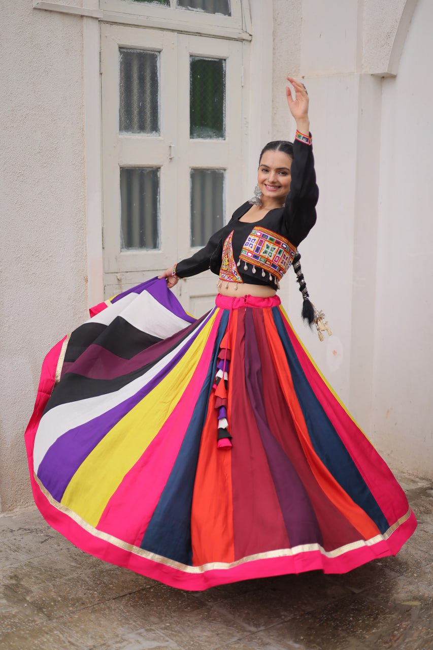 Multicolour Roman Fabric Lehenga Set with Gamthi Embroidery, Mirror & Lace Work – Koti Style Blouse ClothsVilla