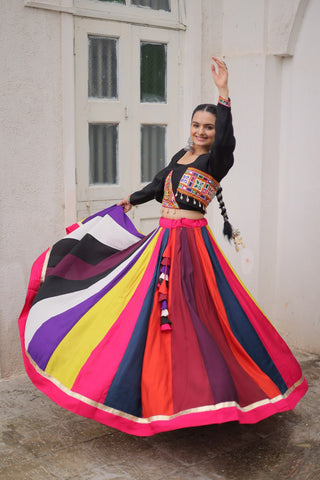 Multicolour Roman Fabric Lehenga Set with Gamthi Embroidery, Mirror & Lace Work – Koti Style Blouse ClothsVilla