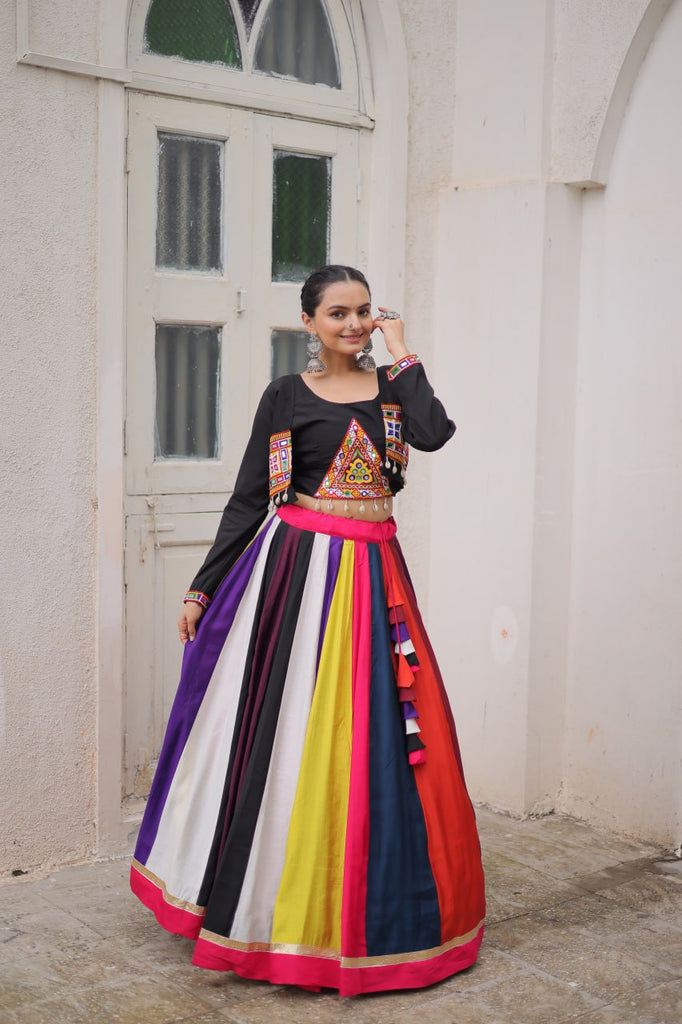 Multicolour Roman Fabric Lehenga Set with Gamthi Embroidery, Mirror & Lace Work – Koti Style Blouse ClothsVilla