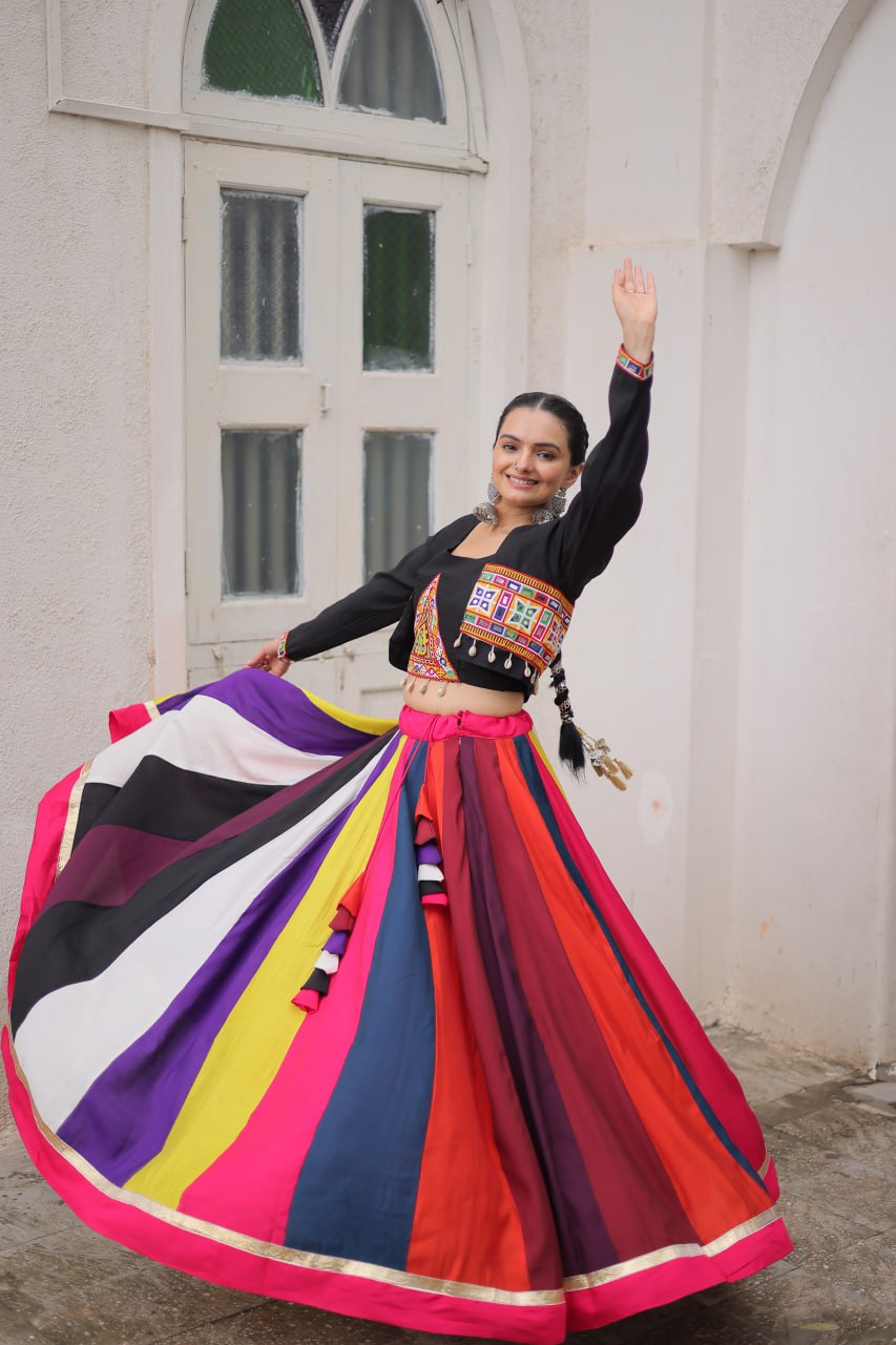 Multicolour Roman Fabric Lehenga Set with Gamthi Embroidery, Mirror & Lace Work – Koti Style Blouse ClothsVilla