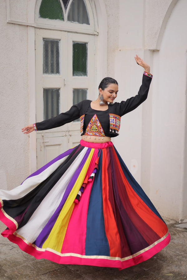 Multicolour Roman Fabric Lehenga Set with Gamthi Embroidery, Mirror & Lace Work – Koti Style Blouse ClothsVilla