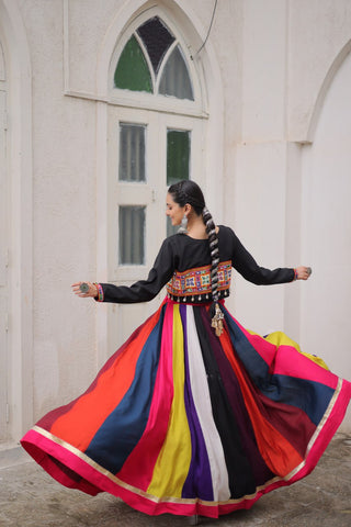 Multicolour Roman Fabric Lehenga Set with Gamthi Embroidery, Mirror & Lace Work – Koti Style Blouse ClothsVilla