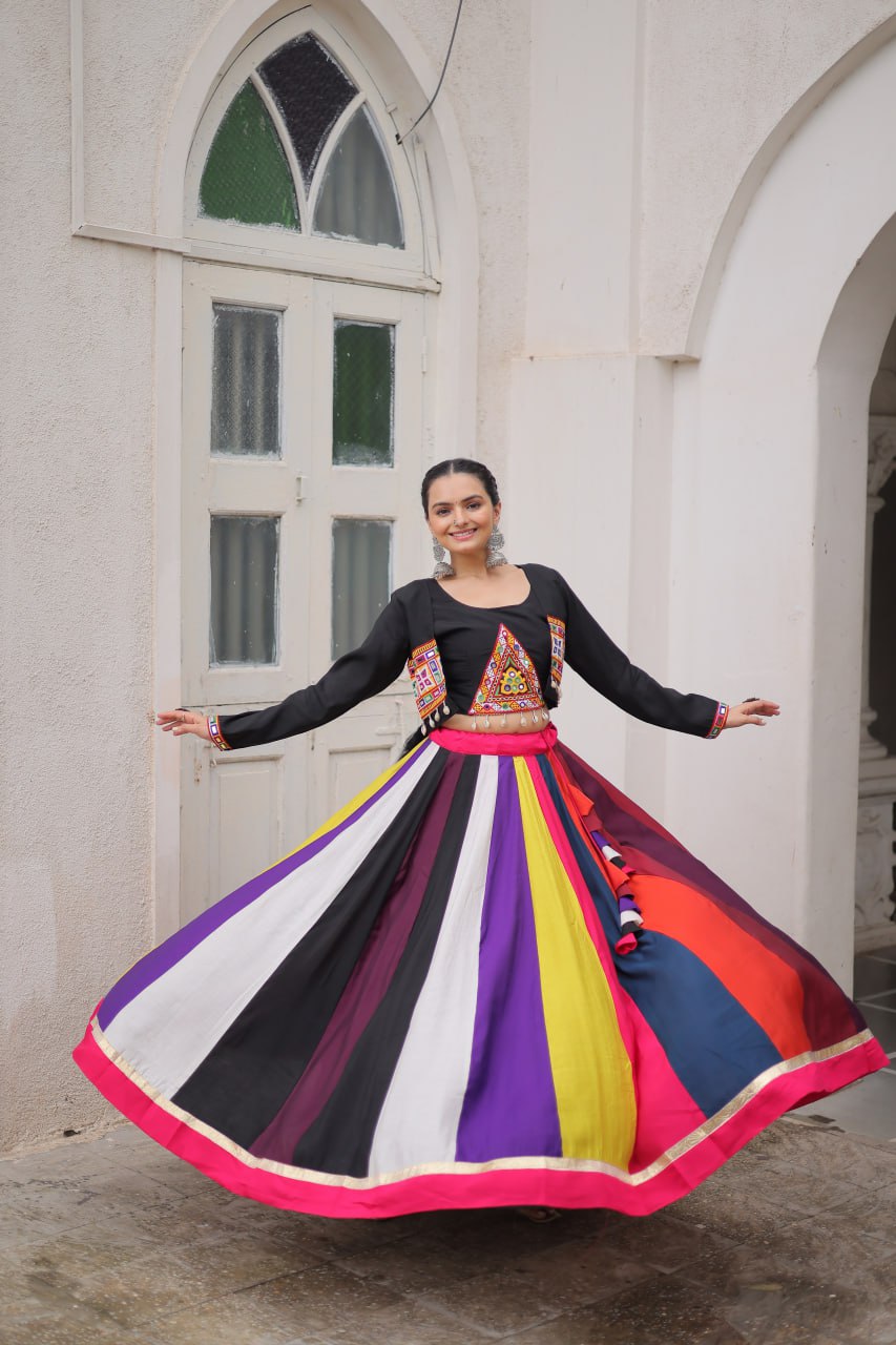 Multicolour Roman Fabric Lehenga Set with Gamthi Embroidery, Mirror & Lace Work – Koti Style Blouse ClothsVilla