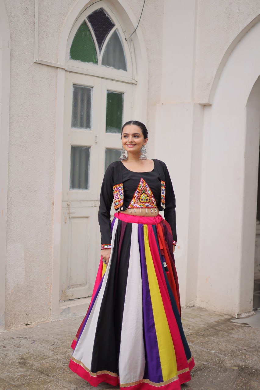 Multicolour Roman Fabric Lehenga Set with Gamthi Embroidery, Mirror & Lace Work – Koti Style Blouse ClothsVilla