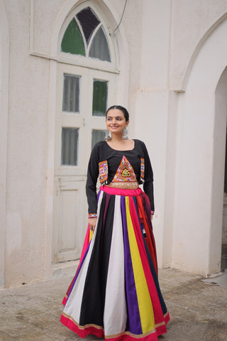 Multicolour Roman Fabric Lehenga Set with Gamthi Embroidery, Mirror & Lace Work – Koti Style Blouse ClothsVilla