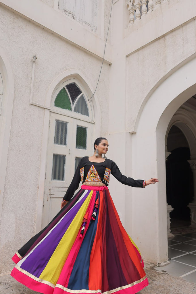 Multicolour Roman Fabric Lehenga Set with Gamthi Embroidery, Mirror & Lace Work – Koti Style Blouse ClothsVilla