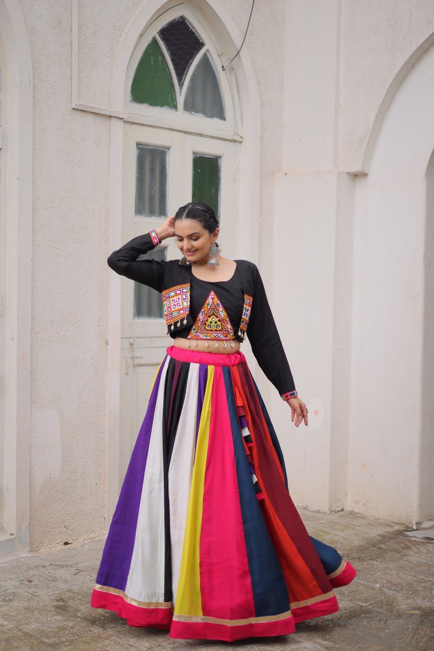 Multicolour Roman Fabric Lehenga Set with Gamthi Embroidery, Mirror & Lace Work – Koti Style Blouse ClothsVilla